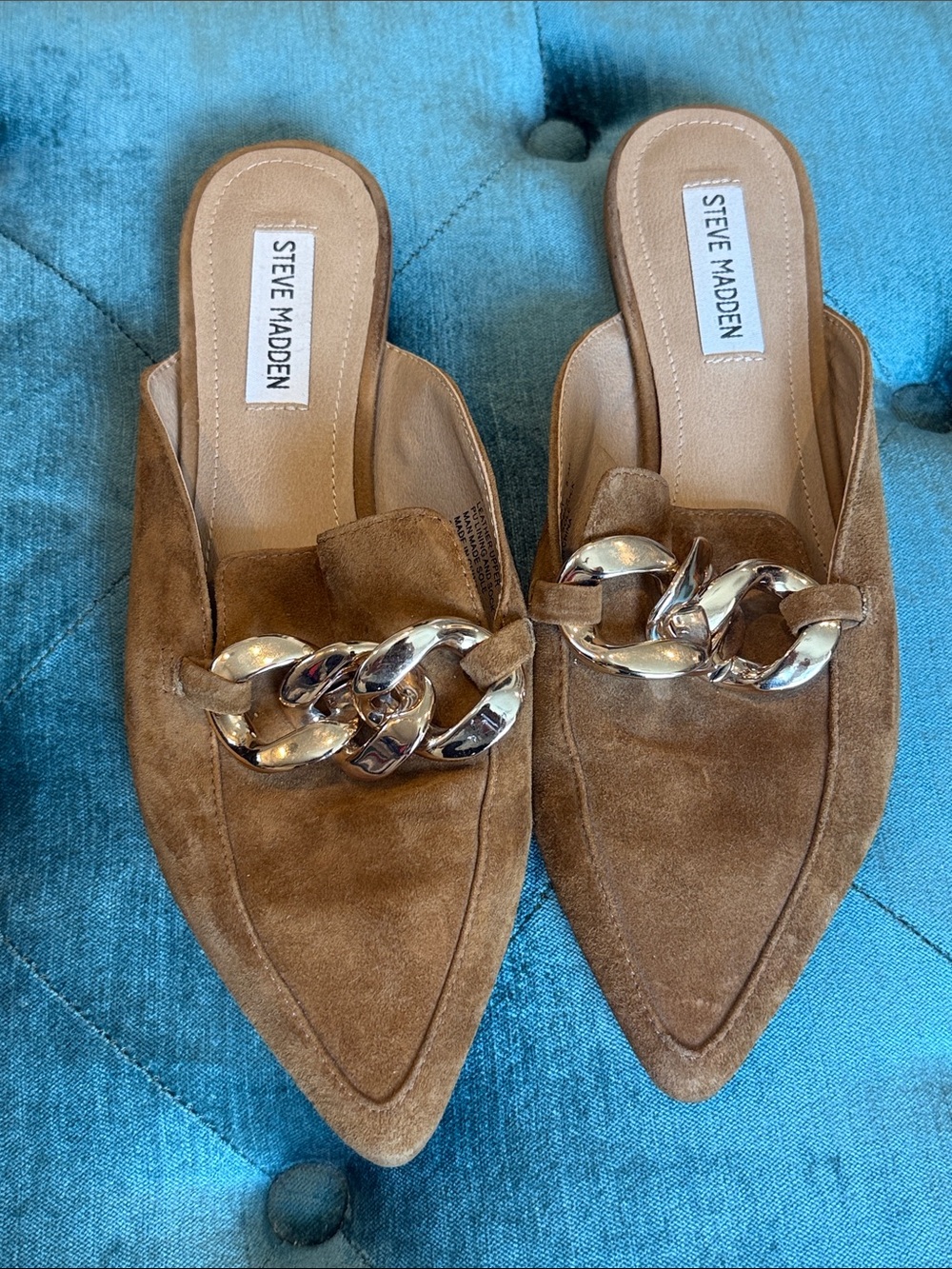 Steve Madden Brown Suede Pointed Mules with Gold Chain